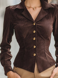 Brown Corduroy Button-Down Shirt With Gold Accents