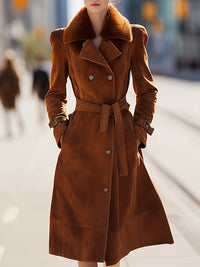 Double-Breasted Suede Trench Coat With Fur Collar