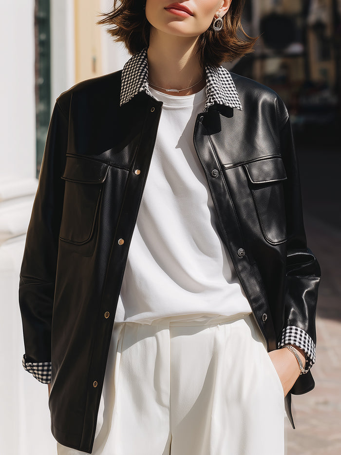 Black Faux Leather Jacket With Gingham Check Collar