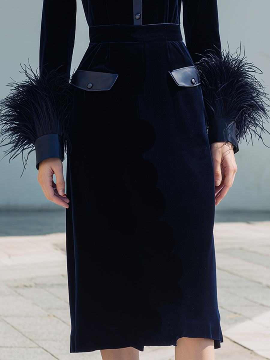 Navy Velvet Shirt Dress With Feathered Cuffs