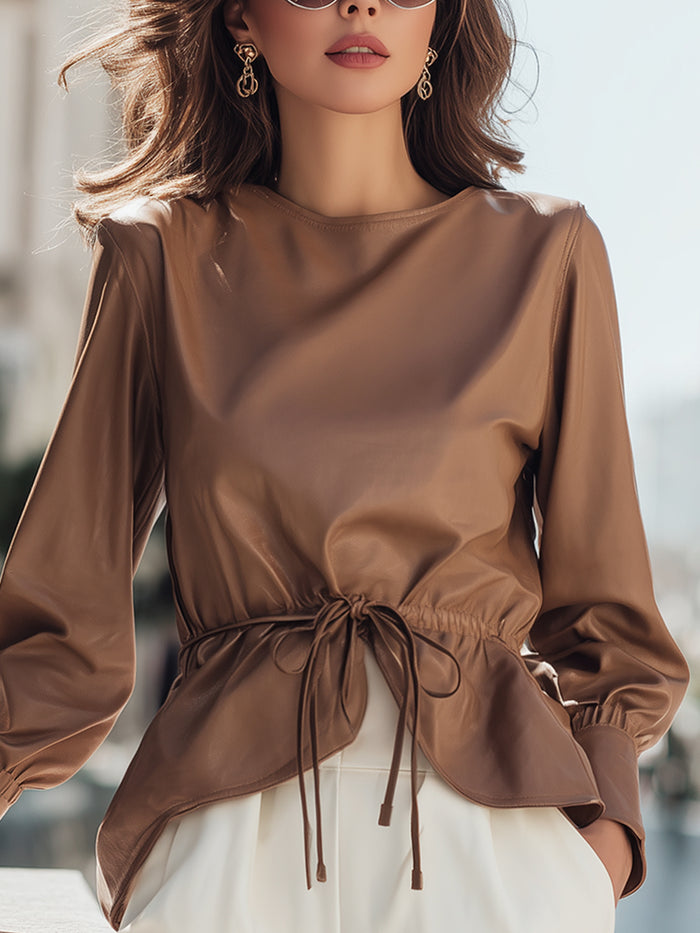 Faux Leather Drawstring Peplum Top