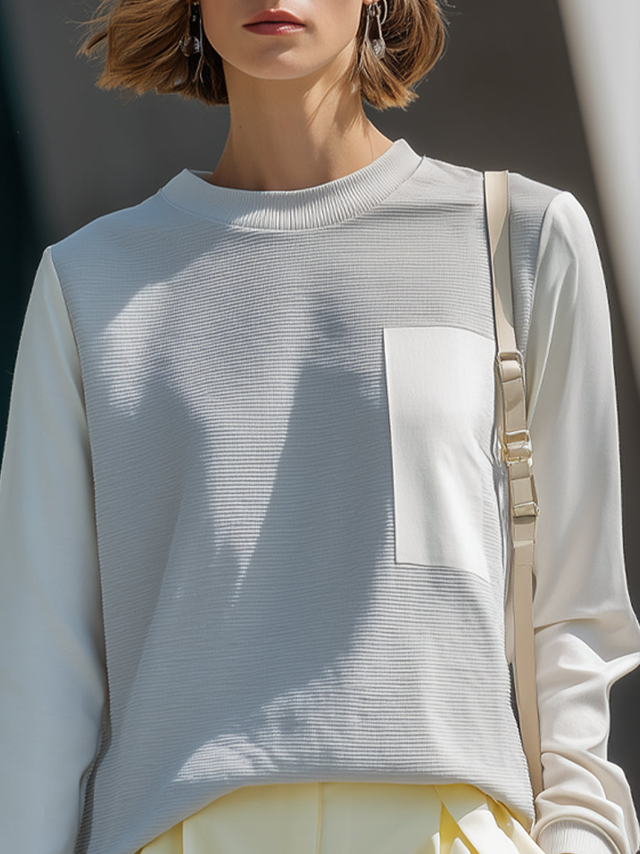 Woven-Panel Long-Sleeve Top