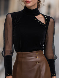 Black Velvet Mesh Sleeve Top With Asymmetric Cutout