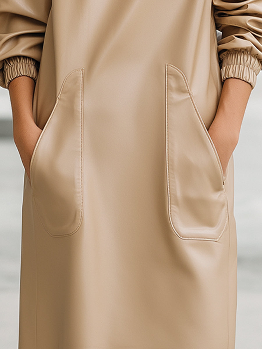 Sand Faux Leather Pocket Dress