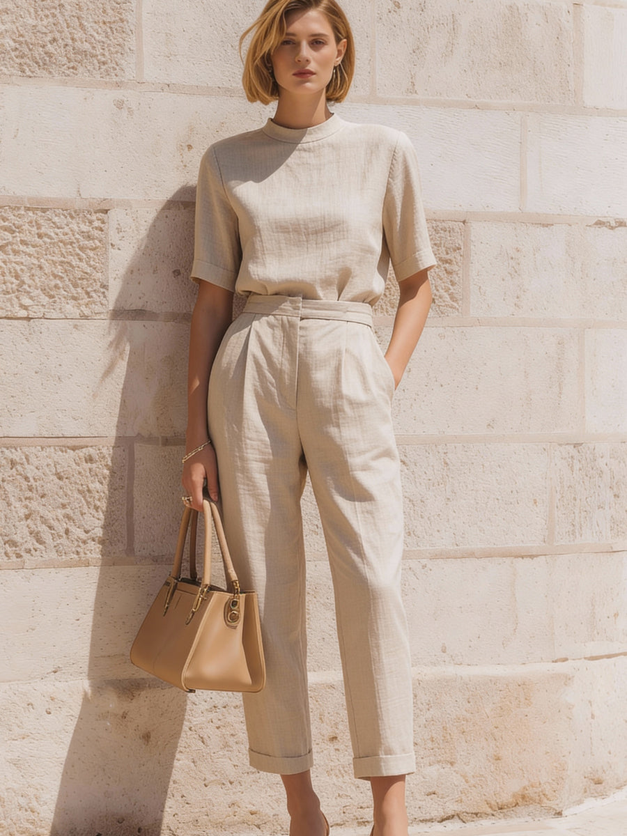 Linen-Blend Short-Sleeve Top & Tailored Ankle-Length Pants Set