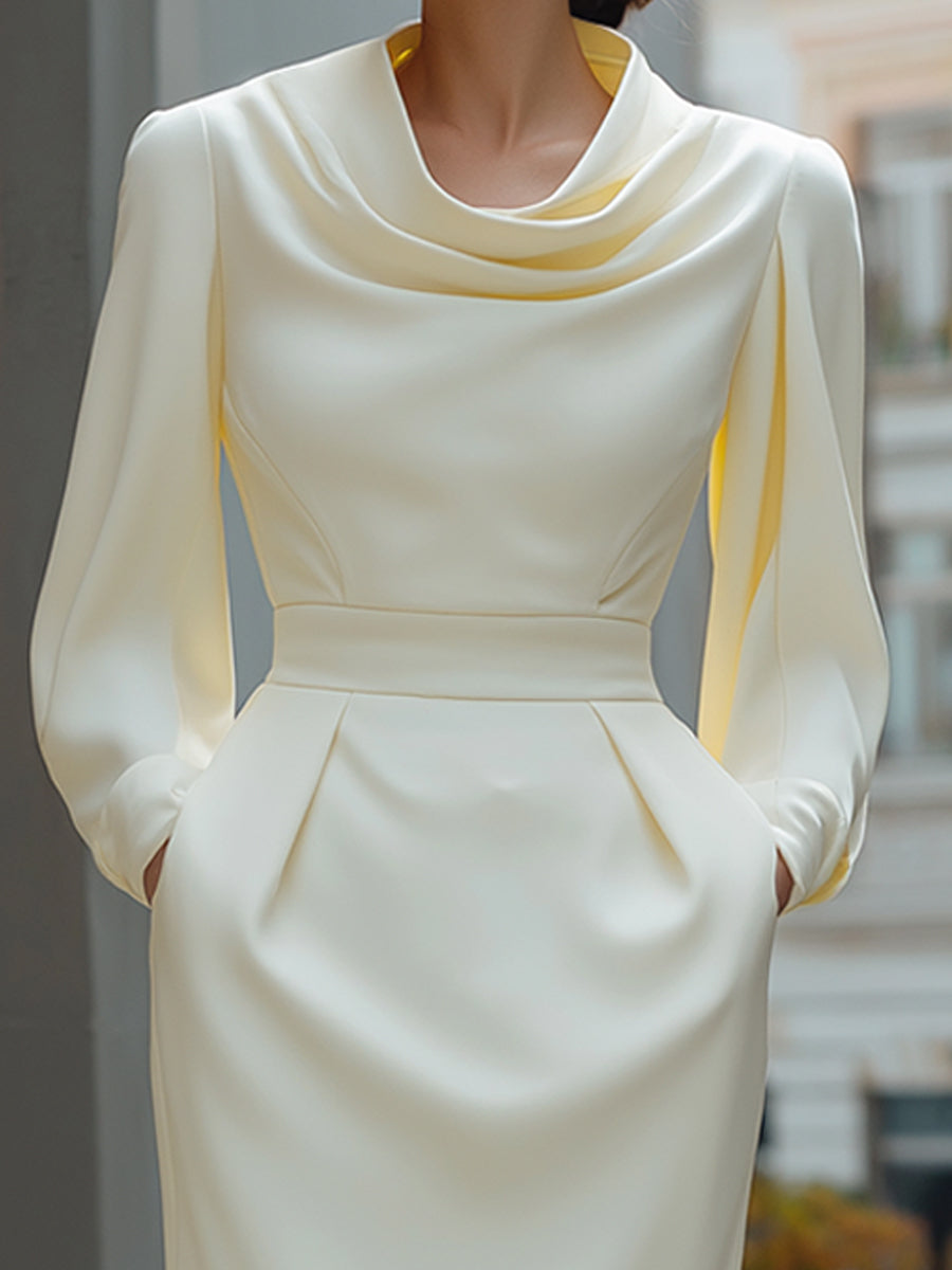 Ivory Draped Neck Long-Sleeve Midi Dress