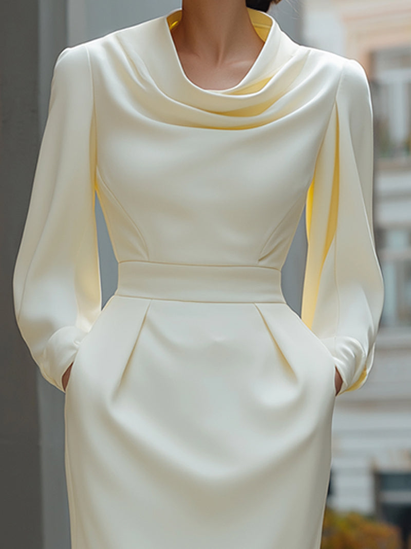 Ivory Draped Neck Long-Sleeve Midi Dress