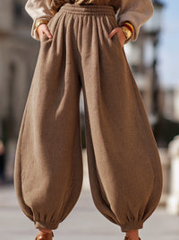 Brown Textured High-Waisted Drawstring Trousers