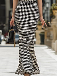 Houndstooth Sleeveless Tweed Vest & Fringed Skirt Set