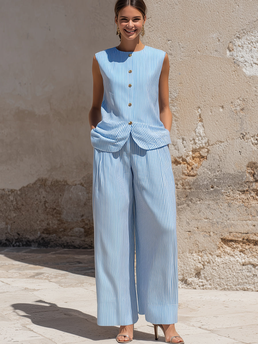 Striped Sleeveless Button-Front Wide-Leg Set
