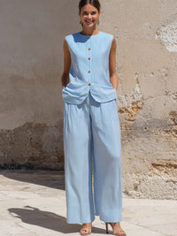 Striped Sleeveless Button-Front Wide-Leg Set