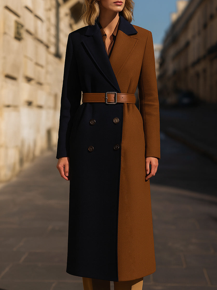 Belted Two-Tone Double-Breasted Wool Coat