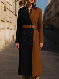 Belted Two-Tone Double-Breasted Wool Coat