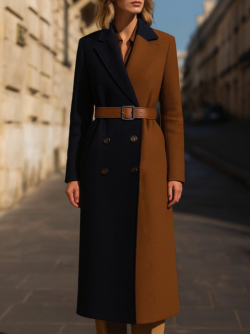 Belted Two-Tone Double-Breasted Wool Coat