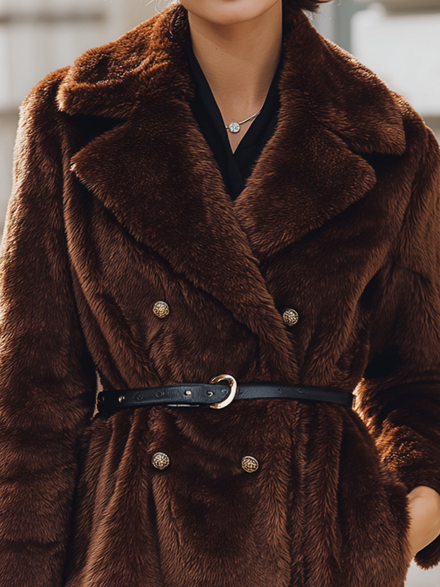 Chocolate Faux Fur Double-Breasted Coat With Belt