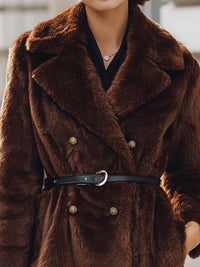 Chocolate Faux Fur Double-Breasted Coat With Belt