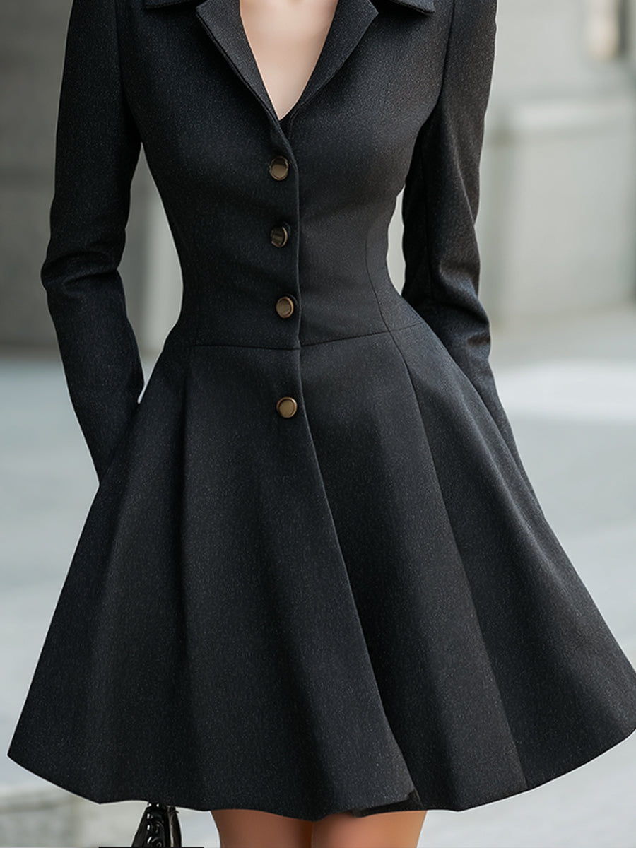 Black Tailored Blazer Dress With Flared Skirt