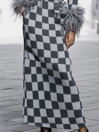 Stylish Checkerboard Knit Maxi Dress With Feather Trim