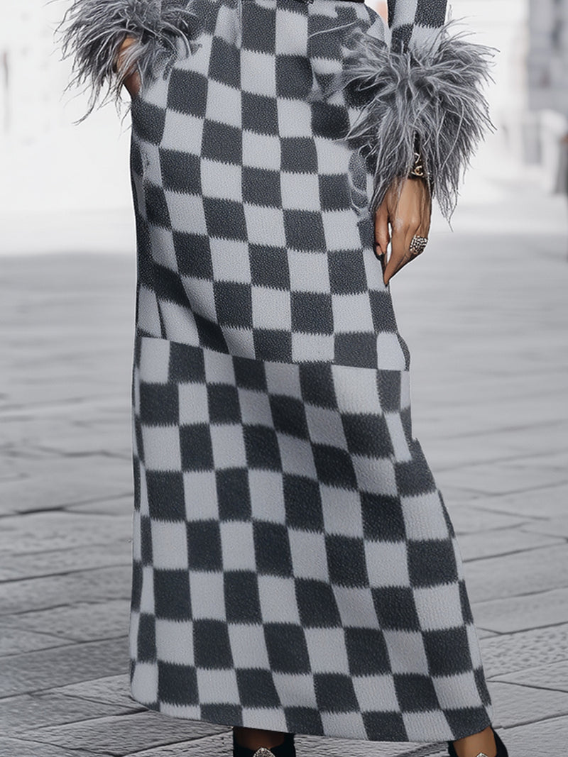 Stylish Checkerboard Knit Maxi Dress With Feather Trim