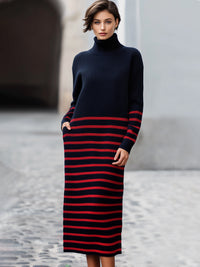 Navy & Red Striped Turtleneck Knit Midi Dress