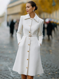 Timeless Grace Belted Ivory Coat Dress