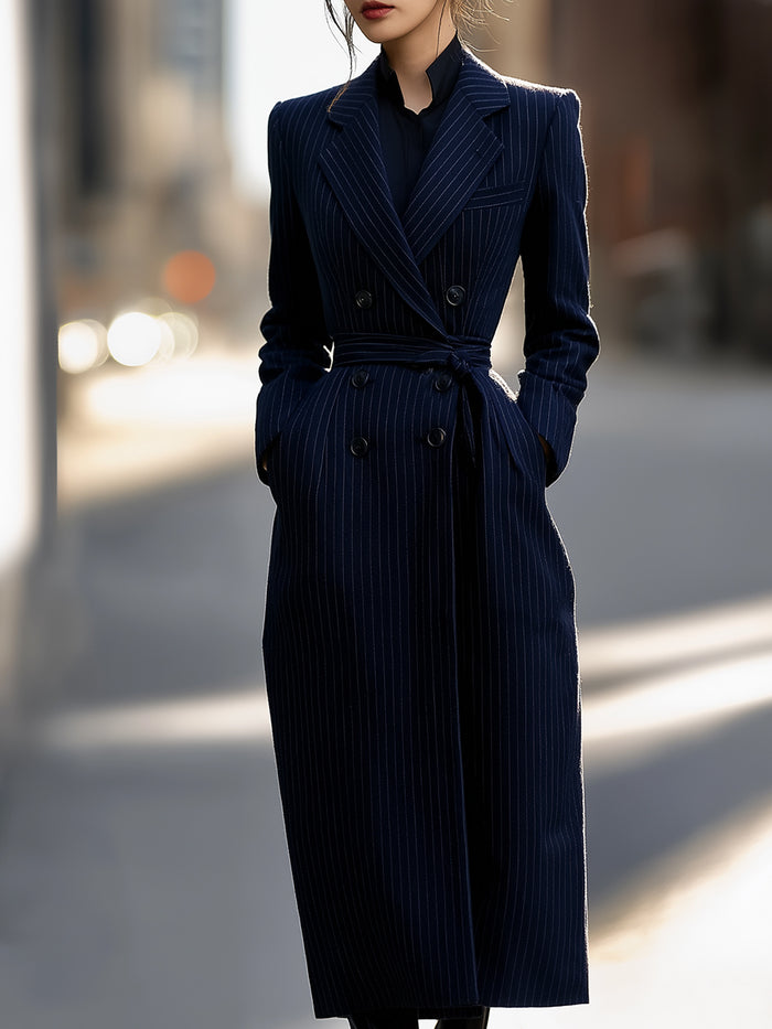 Navy Pinstripe Double-Breasted Belted Coat Dress