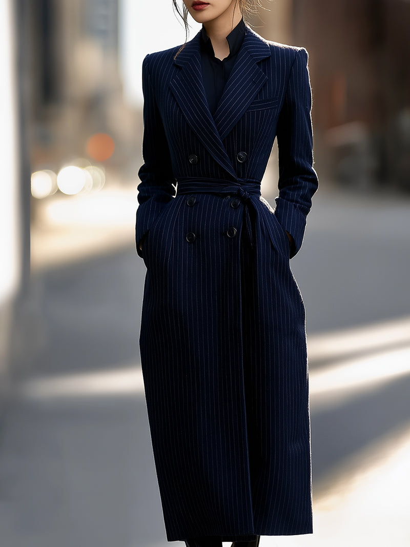 Navy Pinstripe Double-Breasted Belted Coat Dress