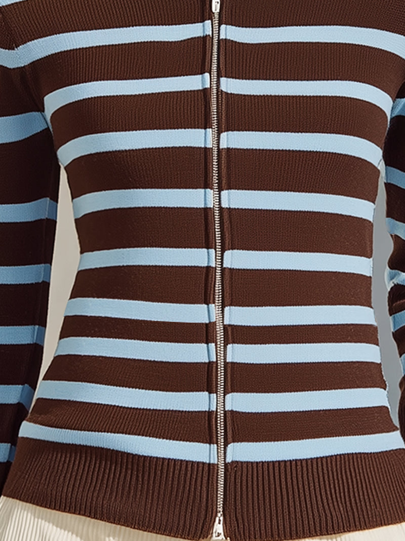 Brown And Blue Striped Knit Zipper Cardigan