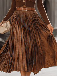 Bronze Pleated Midi Skirt With Ribbed Knit Top