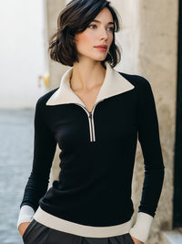 Contrast-Collar Half Zip Knit Top