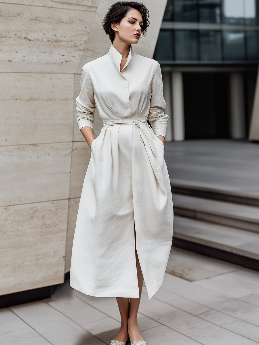Minimalist Stand-Collar Tie-Waist Midi Dress