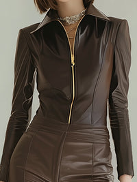 Luxe Chocolate Brown Faux Leather Zip-Up Set