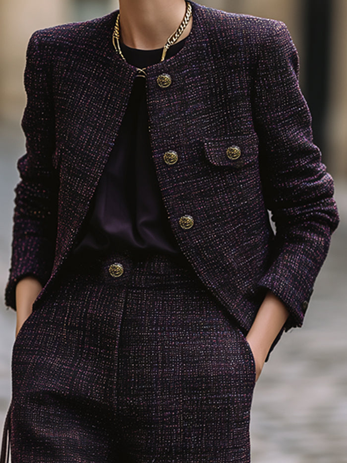 Dark Purple Tweed Pantsuit Set