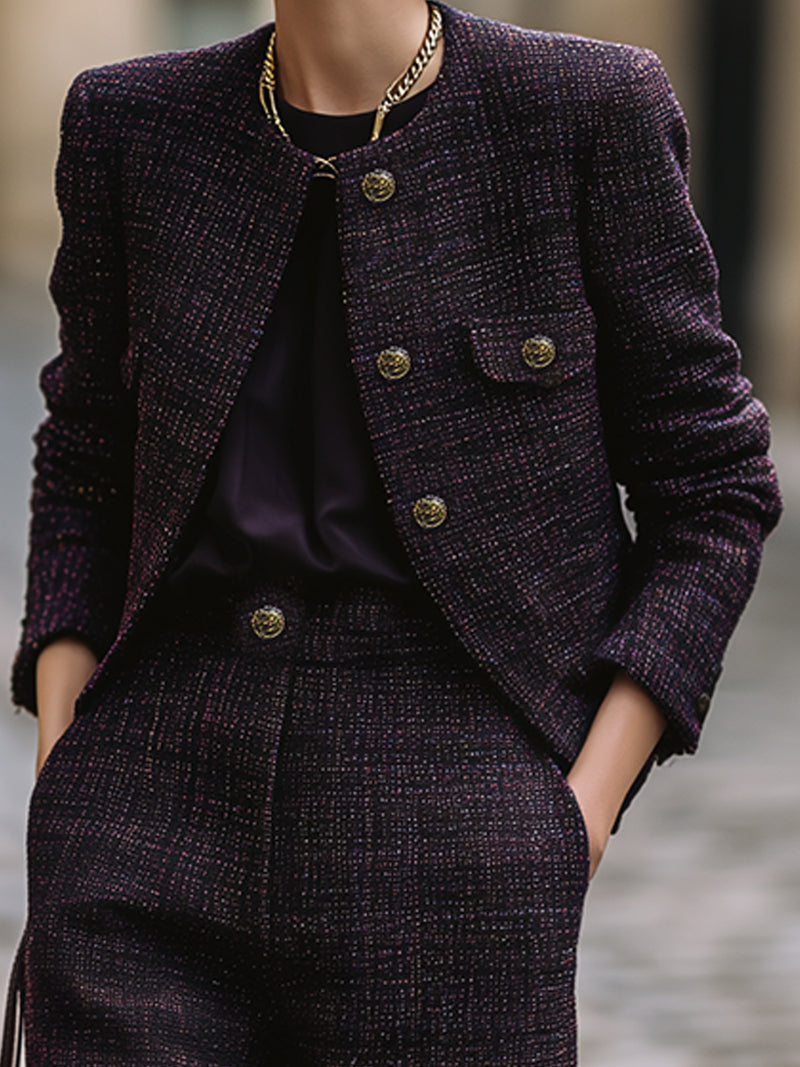 Dark Purple Tweed Pantsuit Set
