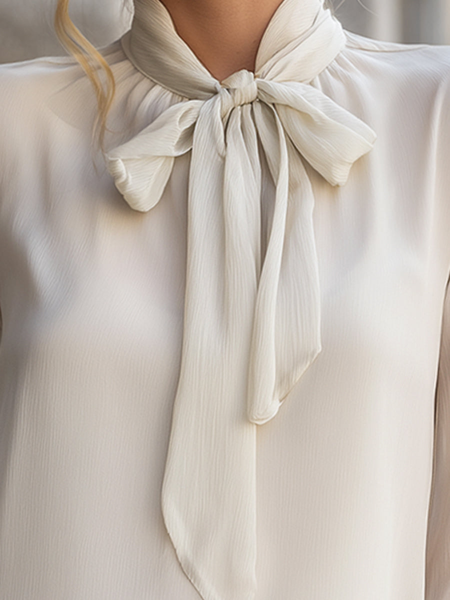 Ivory Bow-Tie Neck Sheer Chiffon Blouse