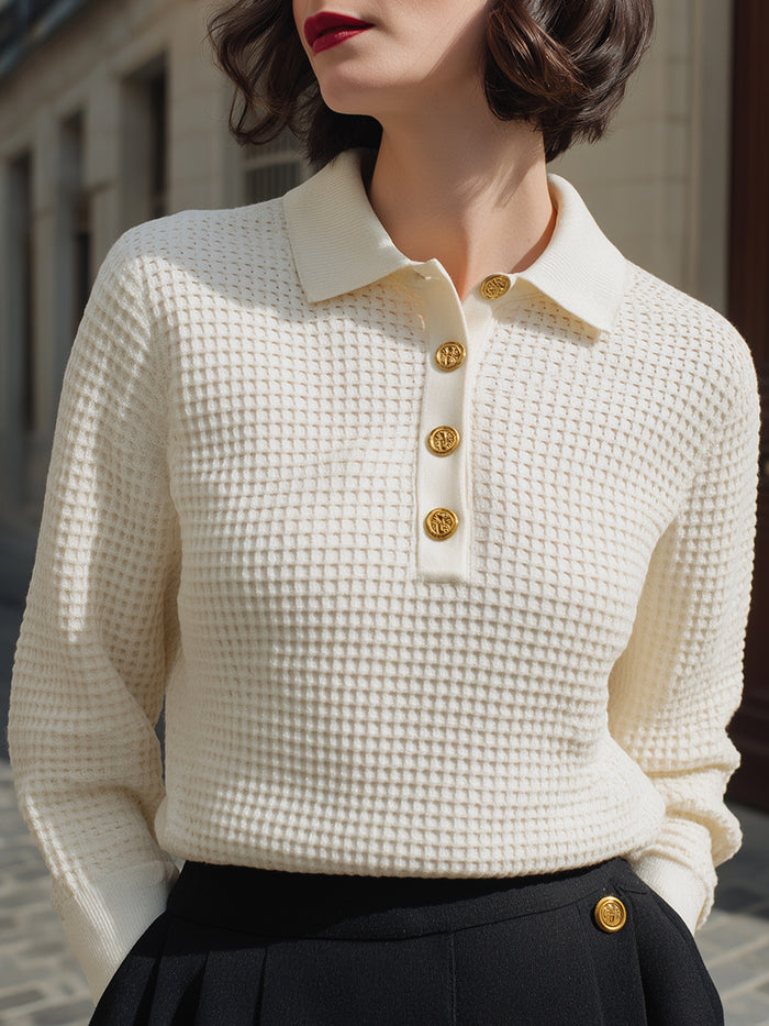 Textured Knit Polo Top With Gold Button Accents