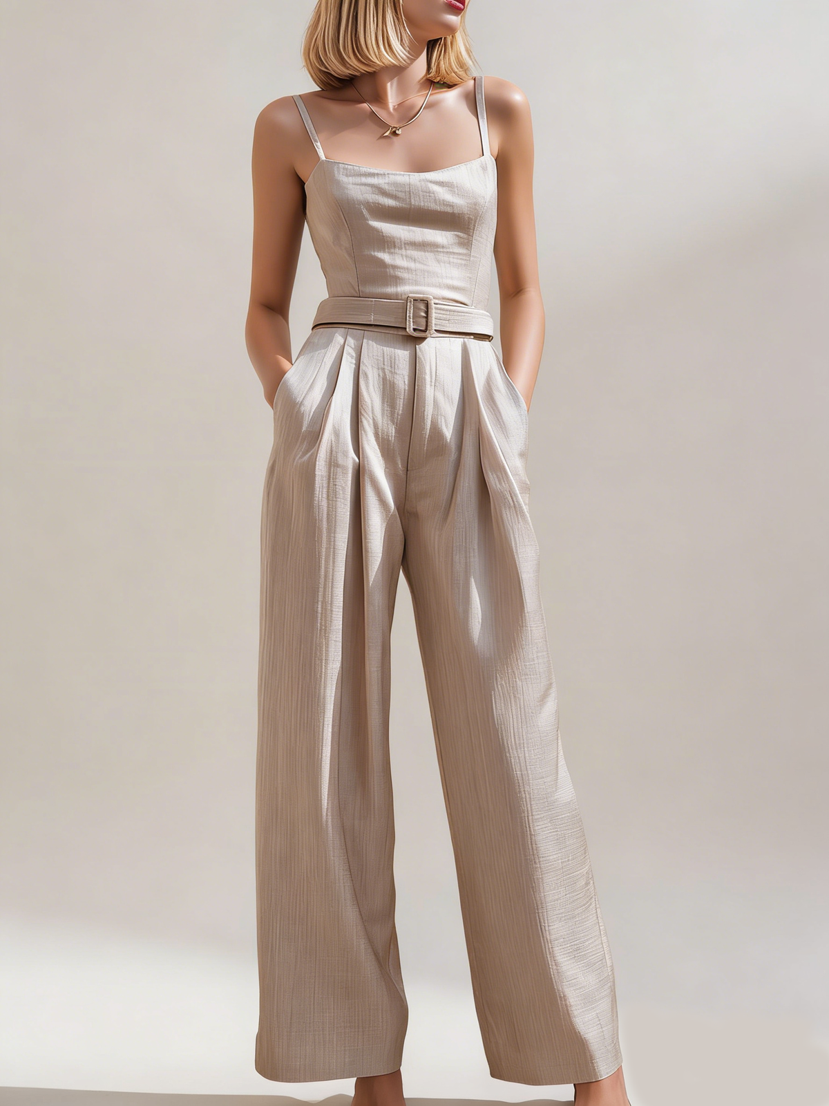 Belted Wide-Leg Tailored Jumpsuit