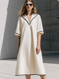 Minimalist Notched V-Neck Piped Midi Shift Dress