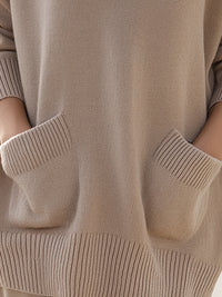 Camel Knit Polo Sweater With Front Pockets