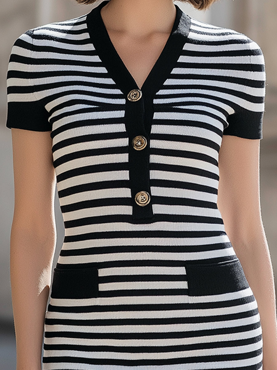 Striped V-Neck Button-Front Knit Midi Dress