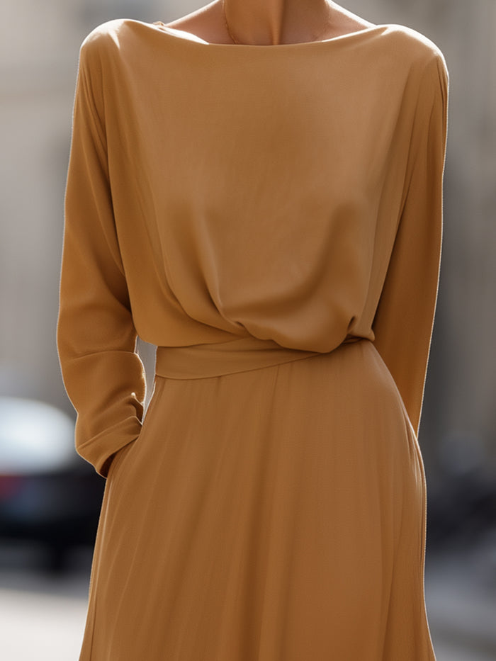 Camel-colored Loose Boat Neck And Skirt Set