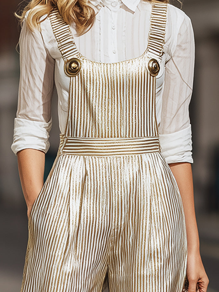 Gold Metallic Striped Wide-Leg Overalls