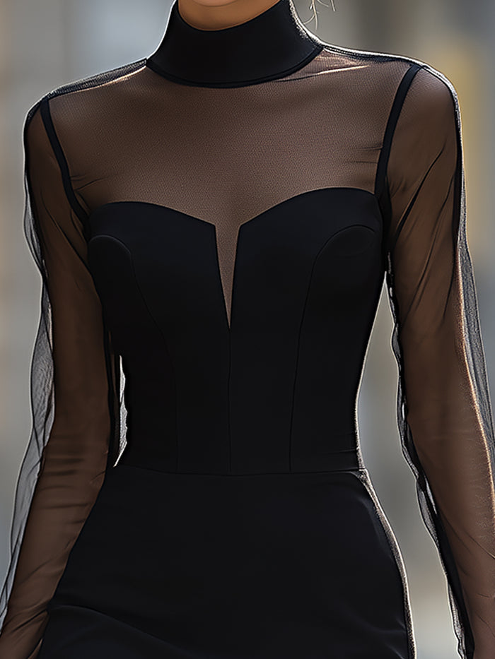 Sheer Mesh Panel Long Sleeve Bodycon Dress