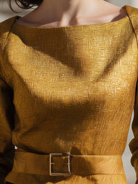 Golden Textured Jacquard Belted Blouse