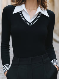 Classic Contrast-Collar V-Neck Knit Top