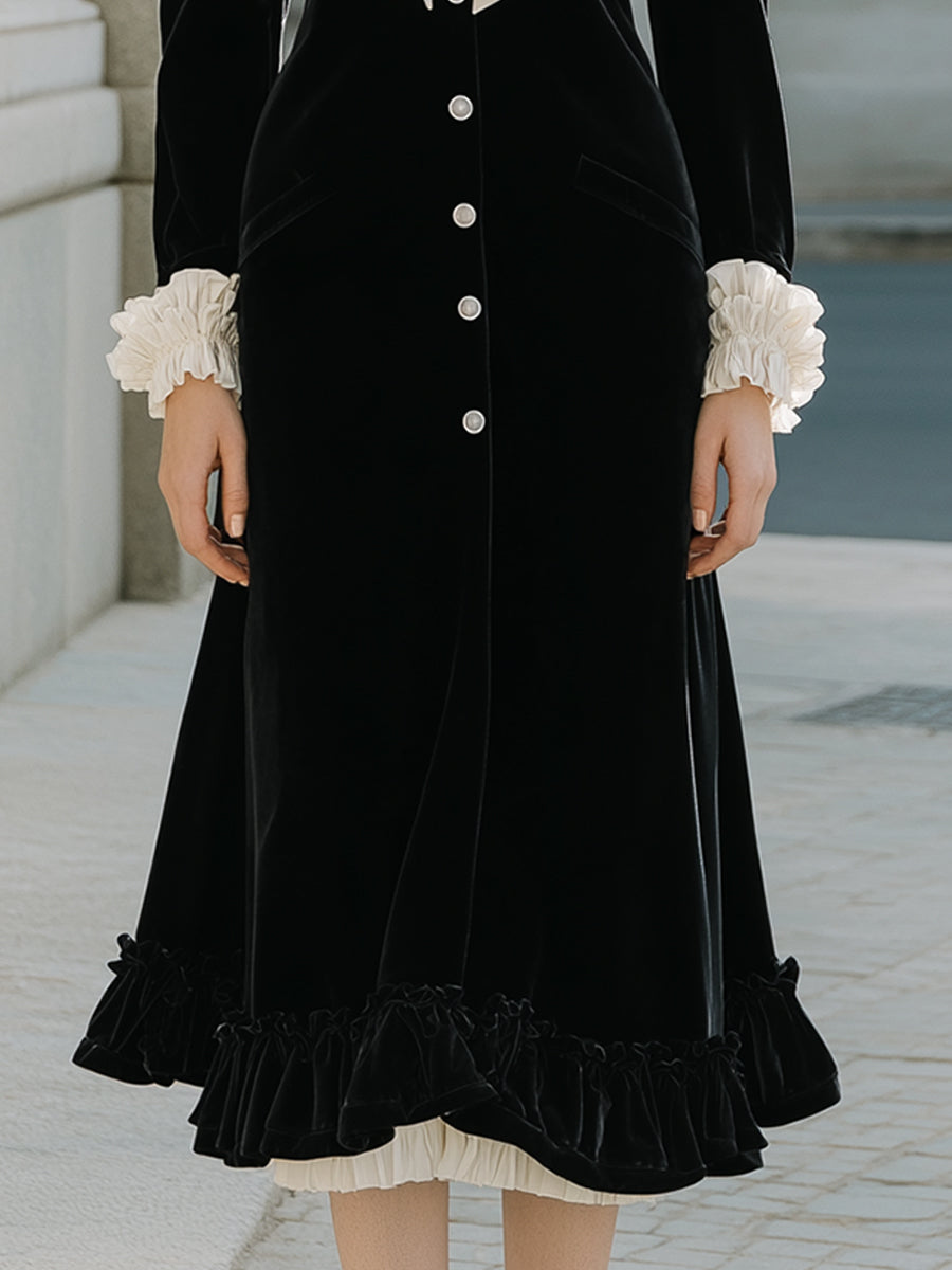 Velvet Midi Dress With Ruffled Accents