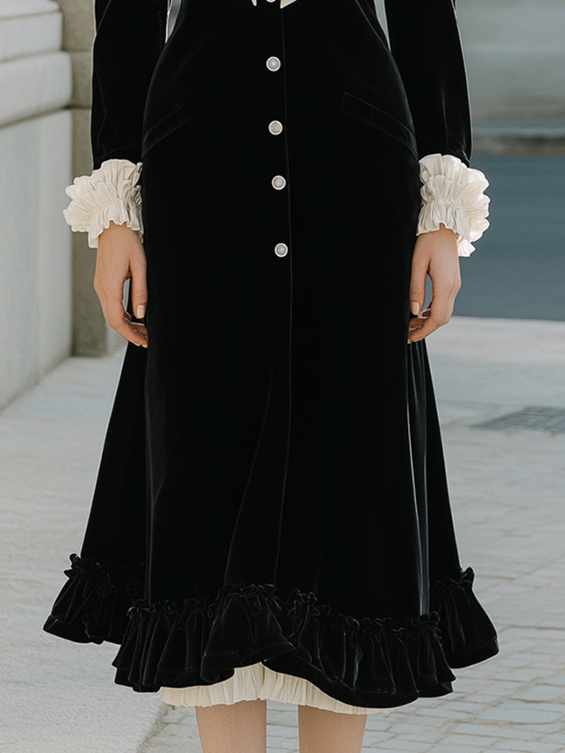 Velvet Midi Dress With Ruffled Accents