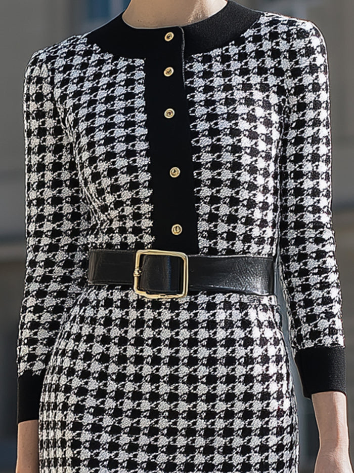 Houndstooth Knit Midi Dress With Gold Button Detail