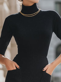 Black Ribbed Turtleneck Knit Dress With Short Sleeves