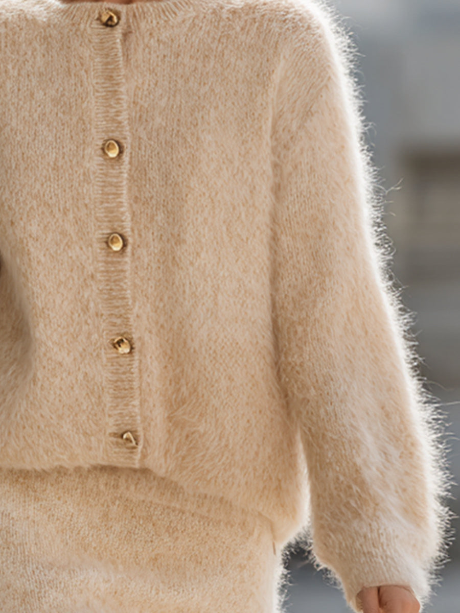 Cream Fluffy Knit Cardigan And Dress Set